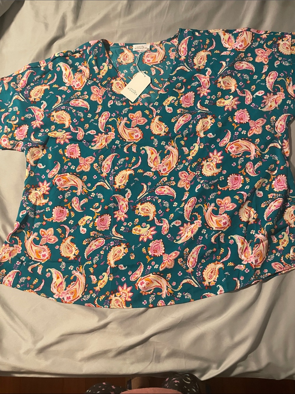 Teal Floral Paisley V-Neck Top with Pink & Yellow Accents 2x